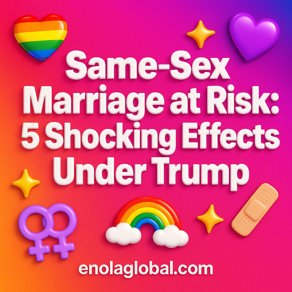 Same-Sex Marriage at Risk: 5 Shocking Effects Under Trump Square news graphic showing a post title named "Same-Sex Marriage at Risk: 5 Shocking Effects Under Trump" in bold white text on a pink–orange–purple gradient, with a rainbow heart, purple heart, and interlinked female symbols; enolaglobal.com at the bottom.