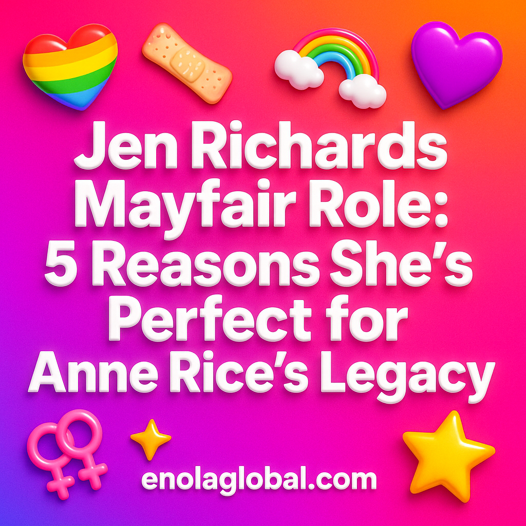 Jen Richards Mayfair Role: 5 Reasons She's Perfect for Anne Rice’s Legacy Square news graphic showing a post title named "Jen Richards Mayfair Role: 5 Reasons She's Perfect for Anne Rice’s Legacy" in bold white text on a pink–orange–purple gradient, with a rainbow heart, purple heart, and interlinked female symbols; enolaglobal.com at the bottom.