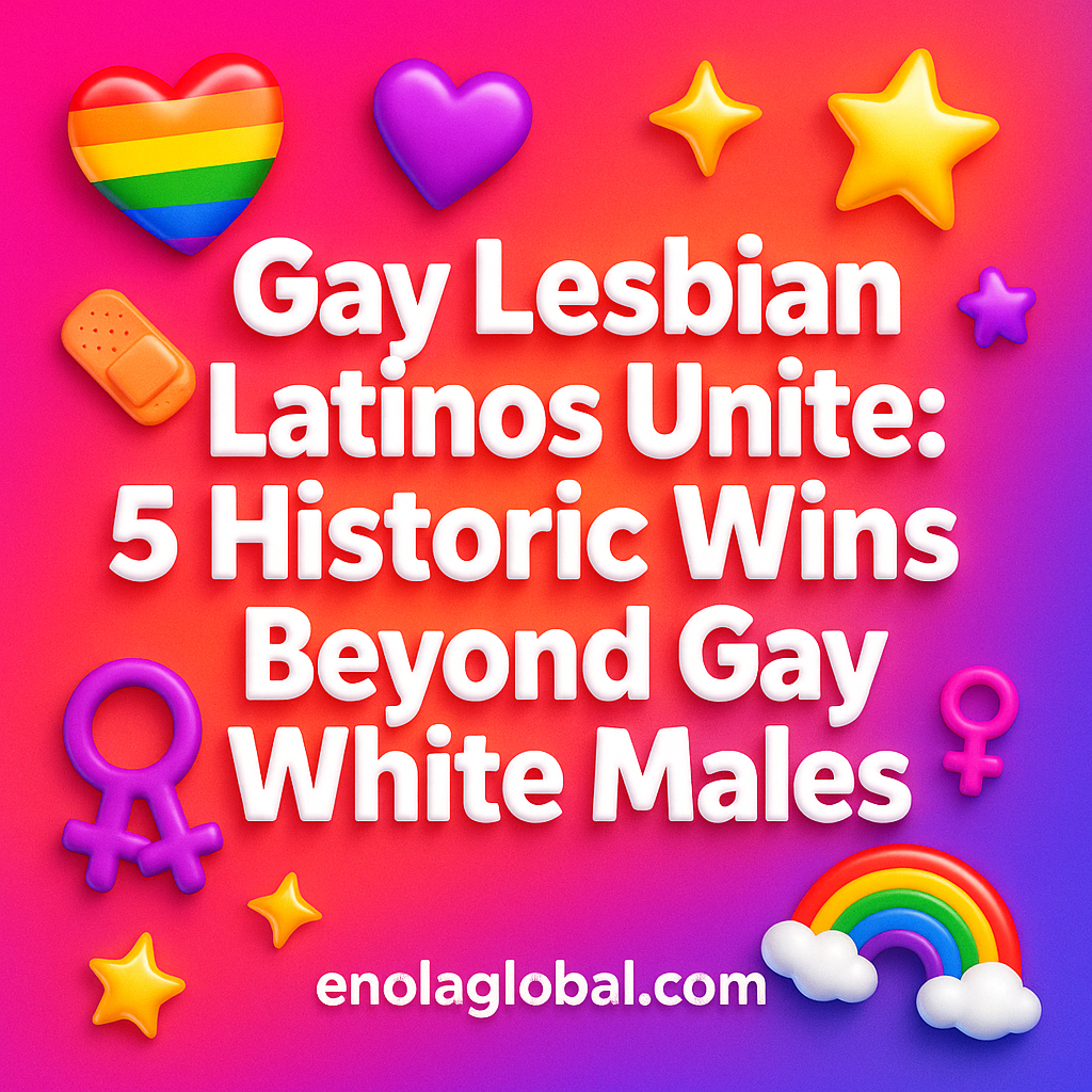 Gay Lesbian Latinos Unite: 5 Historic Wins Beyond Gay White Males Square news graphic showing a post title named "Gay Lesbian Latinos Unite: 5 Historic Wins Beyond Gay White Males" in bold white text on a pink–orange–purple gradient, with a rainbow heart, purple heart, and interlinked female symbols; enolaglobal.com at the bottom.