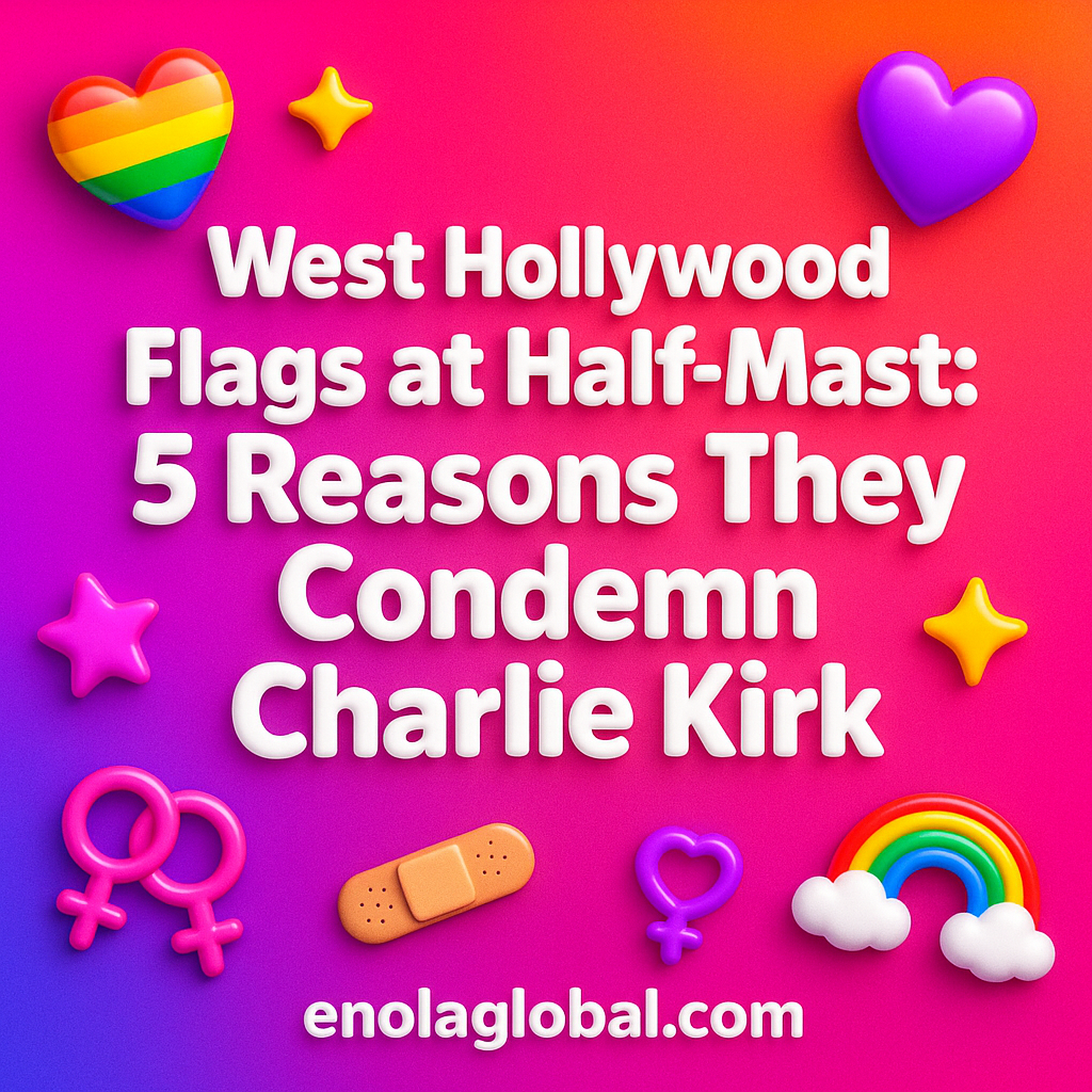 West Hollywood Flags at Half-Mast: 5 Reasons They Condemn Charlie Kirk Square news graphic showing a post title named "West Hollywood Flags at Half-Mast: 5 Reasons They Condemn Charlie Kirk" in bold white text on a pink–orange–purple gradient, with a rainbow heart, purple heart, and interlinked female symbols; enolaglobal.com at the bottom.