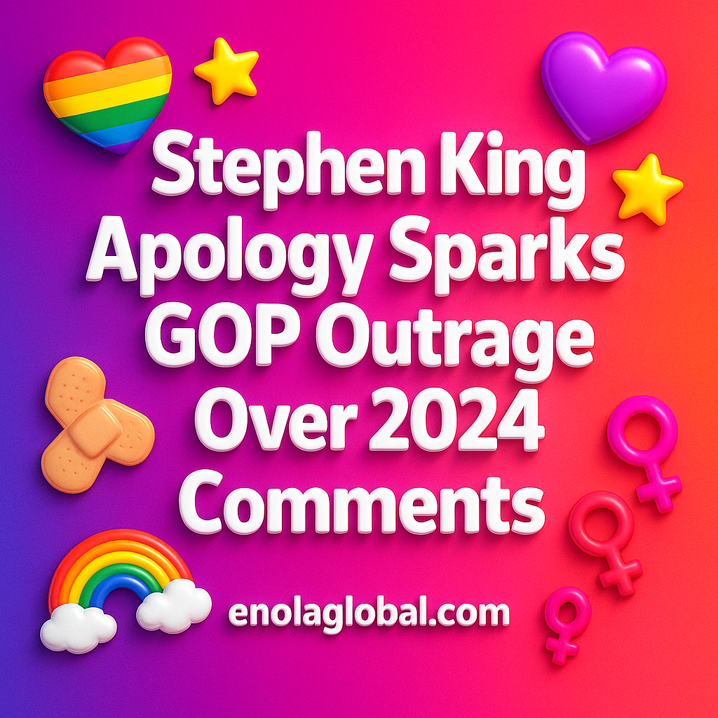Stephen King Apology Sparks GOP Outrage Over 2024 Comments Square news graphic showing a post title named "Stephen King Apology Sparks GOP Outrage Over 2024 Comments" in bold white text on a pink–orange–purple gradient, with a rainbow heart, purple heart, and interlinked female symbols; enolaglobal.com at the bottom.