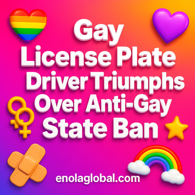 Gay License Plate Win: Driver Triumphs Over Anti-Gay State Ban Square news graphic showing a post title named "Gay License Plate Win: Driver Triumphs Over Anti-Gay State Ban" in bold white text on a pink–orange–purple gradient, with a rainbow heart, purple heart, and interlinked female symbols; enolaglobal.com at the bottom.