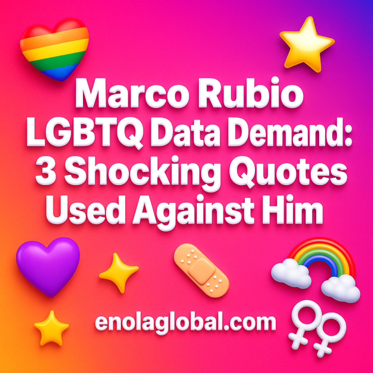 Marco Rubio LGBTQ Data Demand: 3 Shocking Quotes Used Against Him Square news graphic showing a post title named "Marco Rubio LGBTQ Data Demand: 3 Shocking Quotes Used Against Him" in bold white text on a pink–orange–purple gradient, with a rainbow heart, purple heart, and interlinked female symbols; enolaglobal.com at the bottom.