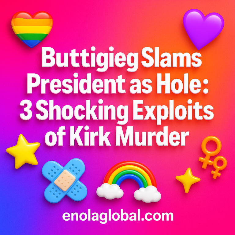 Buttigieg Slams President as Hole: 3 Shocking Exploits of Kirk Murder Square news graphic showing a post title named "Buttigieg Slams President as Hole: 3 Shocking Exploits of Kirk Murder" in bold white text on a pink–orange–purple gradient, with a rainbow heart, purple heart, and interlinked female symbols; enolaglobal.com at the bottom.