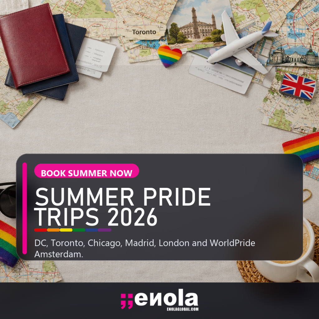 Square social media image for summer 2026 Pride trips