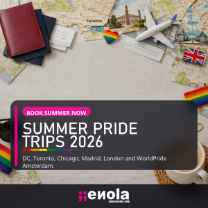 Square social media image for summer 2026 Pride trips