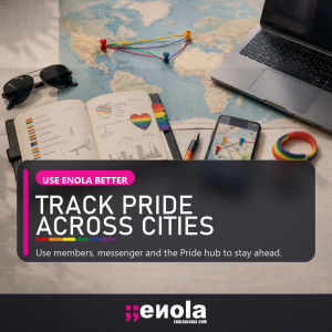 Square social media image for tracking Pride Season 2026 across multiple cities on Enola