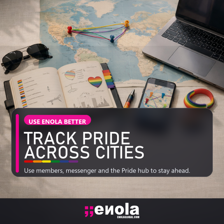 Square social media image for tracking Pride Season 2026 across multiple cities on Enola